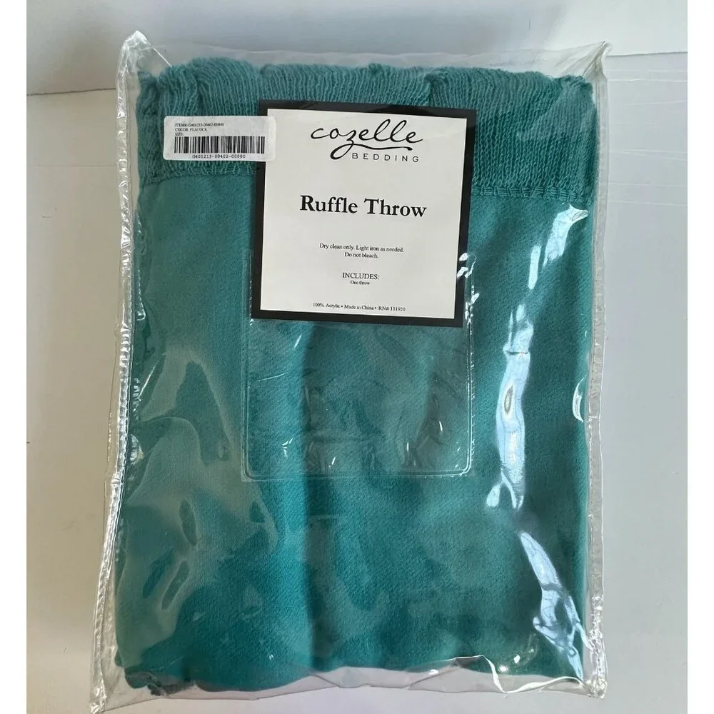 Cozelle Ruffle Throw Blanket Peacock Decorative Acrylic Home Decor Cozy NOS 2012